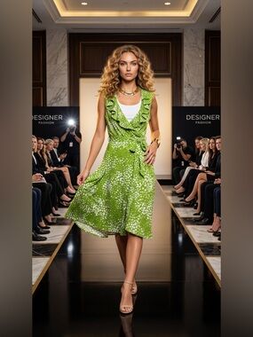 Sandra Darren Green Printed Ruffle Wrap Dress